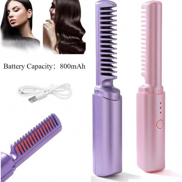 RAF 1 pieza Peine recto pequeño y portátil, peine recto inalámbrico pequeño con carga USB, portátil para viaje, de doble uso como alisador y rizador de cabello