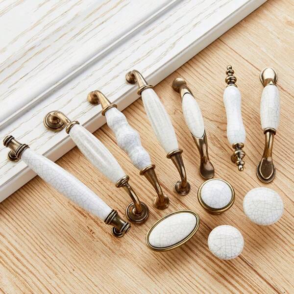 1pc Ceramic+Zinc Alloy Cabinet/Drawer Pull Handle, Crackle Vintage European Style Knob, Multipurpose Furniture Knob For Kids Room, Cabinet, Wardrobe, Dresser, American Style Furniture