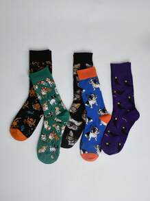 5 Pairs Women Cartoon Dog Print Socks, Cute Animal Pattern Comfortable Daily Casual Fashion Mid-Calf Socks, Autumn/Winter