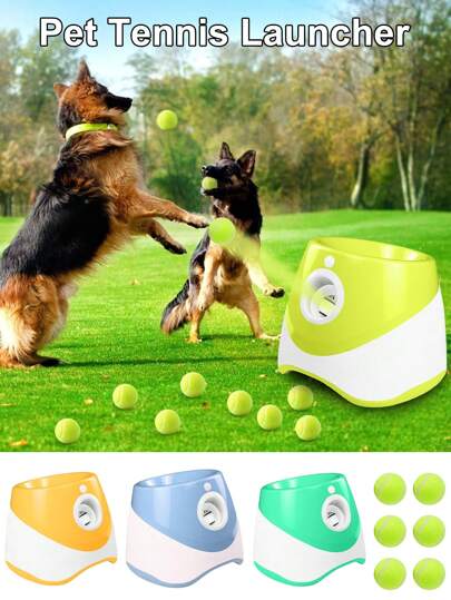 New Pet USB Rechargeable Long Lasting Smart Multi-Distance Ball Launcher Outdoor Elastic Tennis Ball Thrower Dog Toy Automatic Throwing Machine, Perfect Size For Small And Medium Dogs, Comes With 6 Elastic Balls, Must-Have For Dogs And Cats