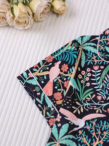 2 件花卉和鸟类印花女士睡衣套装，短袖衬衫，翻领纽扣和宽松松紧腰短裤，适合节日派对、睡衣、休闲户外家居服，撞色饰边设计 - 黑色 - 查看 4