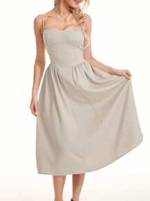 Women Y2k Casual Midi Dress Low Cut Spaghetti Strap Corset Dress Side Pockets Low-Cut Cami Dress