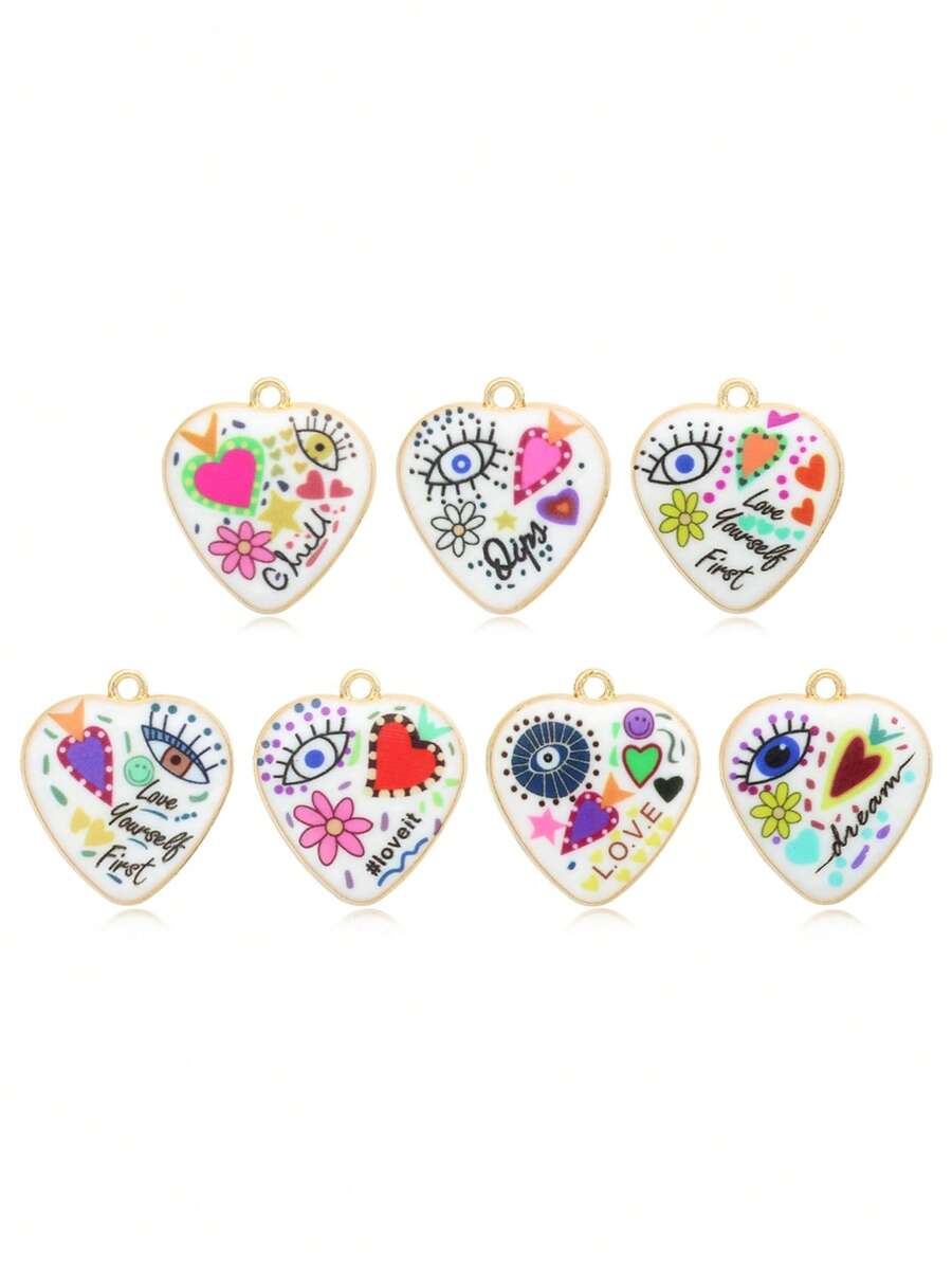 7pcs Heart & Eye Print DIY Jewelry Pendant, Versatile For Everyday Wear