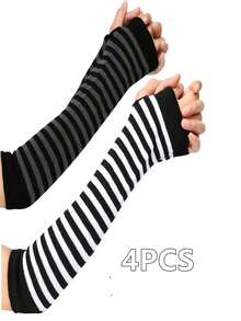 1双朋克条纹针织露指手套，弹性防晒中长手套，适合户外活动、驾驶、旅行、角色扮演装饰，男女通用