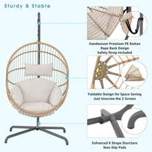 Silla colgante tipo huevo para interiores y exteriores con soporte, silla colgante tejida con cuerda con forma de capullo sobredimensionada, cojín, correa de seguridad, silla de hamaca plegable de mimbre para terraza, jardín, dormitorio (Blanco crema)
