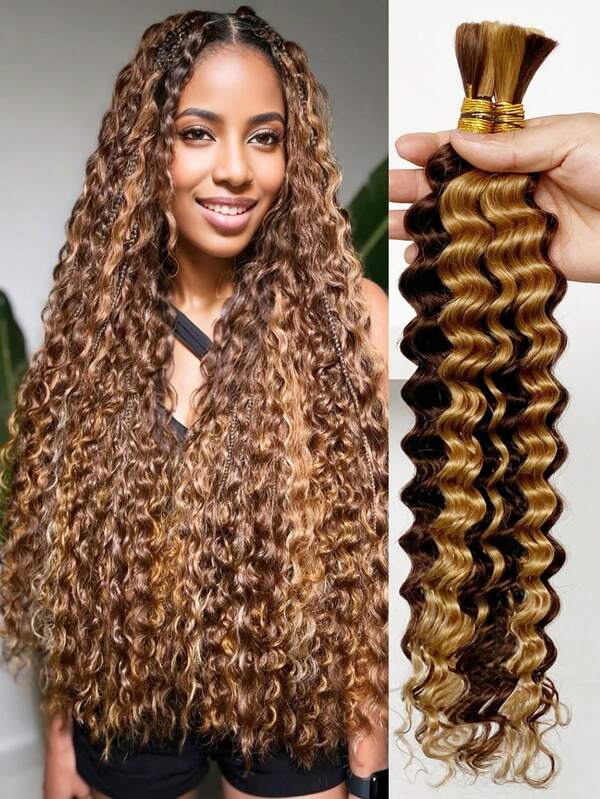 Cabello humano a granel para trenzas, color onda profunda, cabello húmedo y ondulado, sin trama, de origen birmano, rizado, 100g con 2 paquetes, extensiones de cabello humano con reflejos para trenzas bohemias P4/27