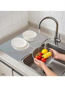 Non-Slip Silicone Kitchen Mat With Drainage Grooves, Dish Rack Pad For Sink Counter, Quick-Dry Drying Mat For Pots Pans Utensils, Heavy Duty Countertop Protector