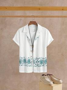 男士时尚休闲花卉和植物印花设计短袖衬衫，优雅复古领口纽扣前襟，适合商务、工作、户外、旅行、通勤穿着 - 白色 - 查看 2