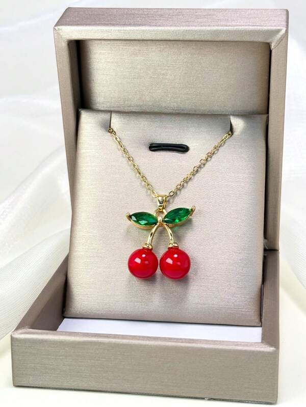 1pc Stainless Steel Cherry Pendant Necklace & 1 Pair Stainless Steel Cherry Earrings For Women, Luxury Casual Gold-Tone (No Gift Box Included)