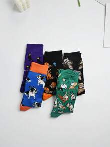 5 Pairs Women Cartoon Dog Print Socks, Cute Animal Pattern Comfortable Daily Casual Fashion Mid-Calf Socks, Autumn/Winter