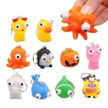 1/3/8/12pcs Random Squeeze Bulging Eye Animal Keychains, Halloween/Christmas Bulging Eye Plush Squeeze Ball Stress Relief Animal Keychains, Party Favors - Multicolor - View 3