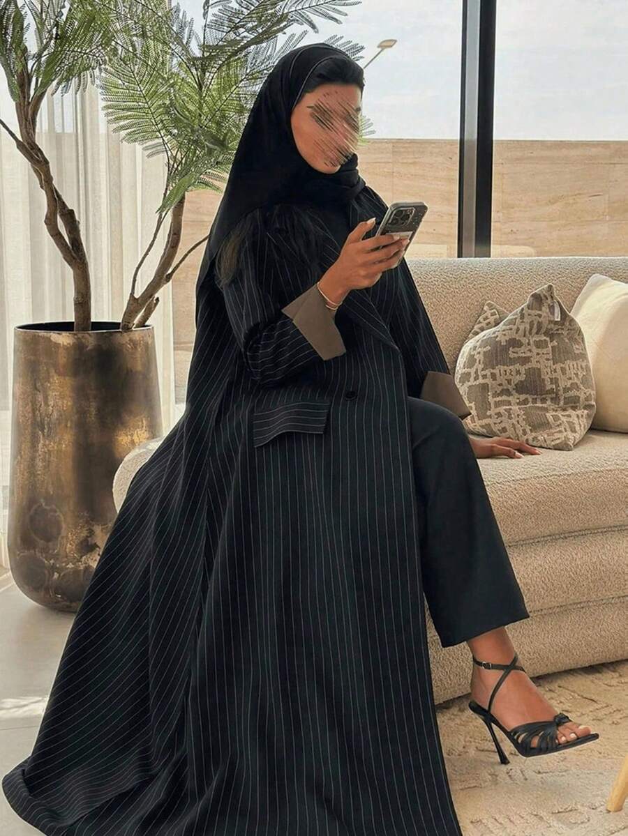 Women's Muslim Black Pinstripe Abaya – Double Breasted Button Detail Long Robe For Modest Fashion Wear - Black - View 1