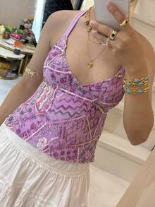 Women Y2k Summer Halter Sequin Tops Backless Tie Backless Crop Tank Tops Sparkly Graphic Print Camisole Deep V Neck Slim Fit Going Out Tops Clubwear Vintage Streetwear Aesthetic Clothes - 紫色 - 查看 5