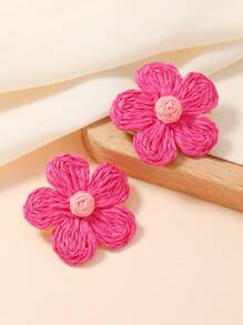 1 Pair Handmade Raffia Straw 6-Petal Flower Stud Earrings In Contrasting Colors Like Beige, Blue, Green, Pink - Bohemian Style, Suitable For Daily Wear