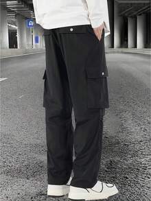 男士休闲工装裤，多口袋薄款户外阔腿裤，秋季 - 黑色 - 查看 5
