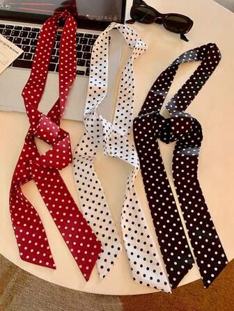 1 pieza Elegante bufanda larga y estrecha de satén con lunares, accesorio versátil para bolsos, camisas, cintas, diademas, cinturones, adecuado para uso diario, fiestas, sesiones de fotos, bufanda rectangular de moda y estilo para mujeres