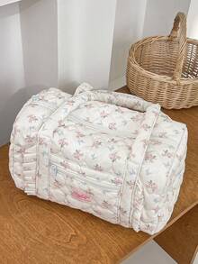 1 件粉色花朵和蝴蝶结条纹图案绗缝时尚大容量短途旅行手提包，女孩旅行包大容量单肩包，女孩运动包，瑜伽包绗缝拉链手提包，用于服装、水瓶、日用品和其他物品，适合女性和女孩，情人节礼物，生日礼物袋，学校配件学校用品 - 彩色 - 查看 6