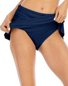 Halcurt Women's Low Waisted Ruched Ruffle Swim Skirts With Hipster Bikini Bottoms Tummy Control Swimsuit - Navy/Ruched - View 2