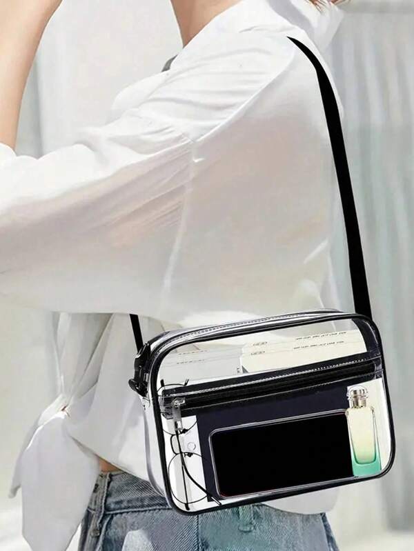 Sac bandoulière transparent décontracté, minimaliste et à la mode, en PVC, avec fermeture éclair et bandoulière réglable, idéal pour les concerts, les centres sportifs et les stades. Sac à main transparent 12 x 12 x 35 cm, idéal pour les concerts, les événements sportifs et les festivals. Idéal pour les vacances à la plage, les voyages, le shopping et les essentiels de vacances.