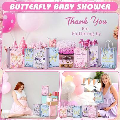 6/12/24pcs Butterfly Party Favors Butterfly Gift Bags Pink Purple Flowers Bags Thank You For Fluttering By Paper Bags With Handles For Birthday Party Supplies