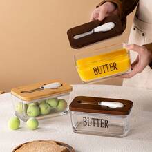 600 Ml Glass Butter Dish With Sealed Bamboo Lid And Butter Knife, Airtight Container For Storing Cream Cheese - 棕色 - 查看 2