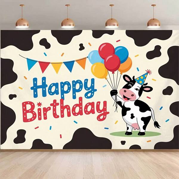 2D Flat Background Banner, Cute Cow Balloon "Happy Birthday" Theme Pattern Backdrop, For Photo Party Supplies, Event Decor, Studio Props, Suitable For Outdoor And Indoor Decoration
