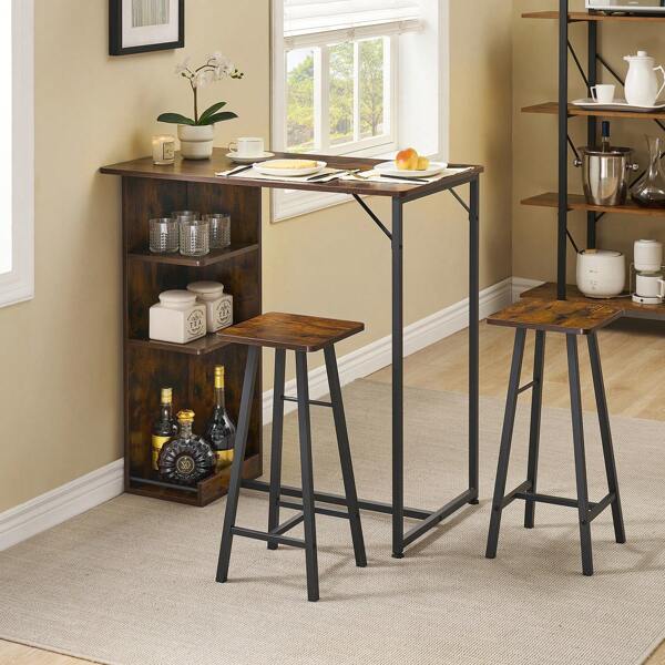 Juego de mesa de bar de 3 piezas, mesa alta, mesa de comedor con 2 sillas tapizadas y 3 estantes, mesa de cocina, mesa de mostrador pequeña, taburete de bar, grupo de comedor para 2 personas, diseño industrial