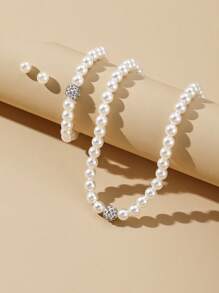 Set de 4 piezas de joyería con collar, pulsera y aretes de perlas falsas elegantes, adecuado para cenas formales, citas y fiestas