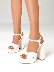 Women's Sexy Block Chunky High Heels Sandals Fashion Bow Knot Open Toe Platform Buckle Solid Party Dress  Summer Sandals Woman - 白色 - 查看 3