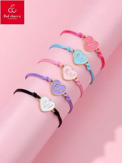 5pcs/Set Girls Heart Shaped Zinc Alloy Colorful Wax Rope Braided Bracelets, BFF Jewelry Set Suitable For Daily Wear