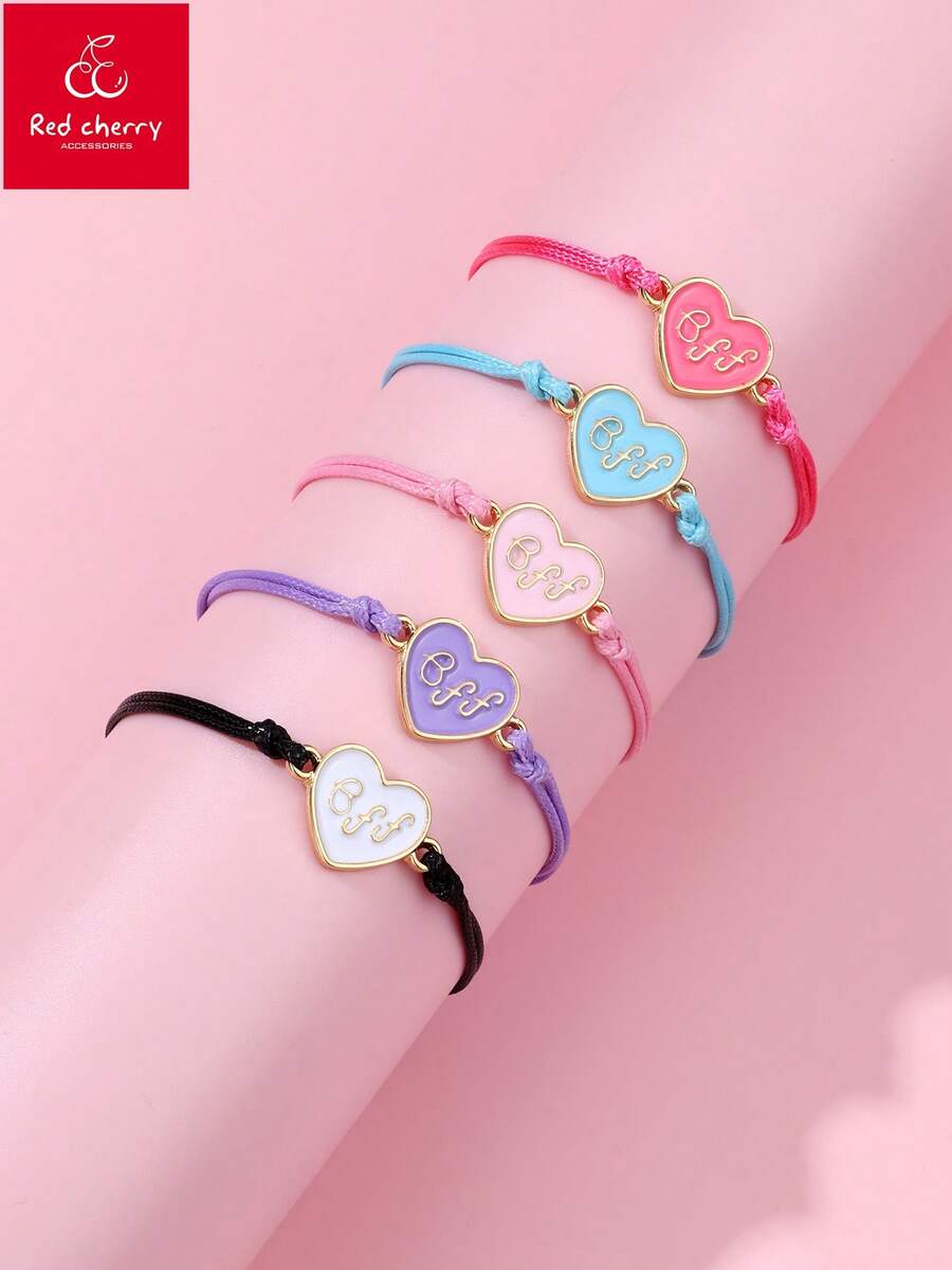 Bộ 5 chiếc/Bộ vòng tay bện dây sáp hình trái tim bằng hợp kim kẽm nhiều màu cho bé gái, Bộ trang sức BFF thích hợp để đeo hàng ngày - Nhiều màu - Xem 1