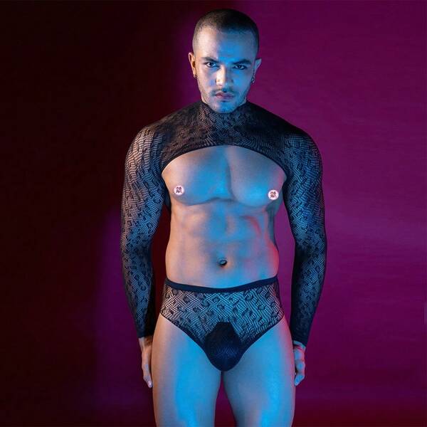 Lencería sexy de manga larga para hombres de estilo europeo y americano, ropa de red con estampado de leopardo jacquard, sexi espalda descubierta para discoteca, perspectiva de red de pesca, conjunto de dos piezas de bikini sexy interior