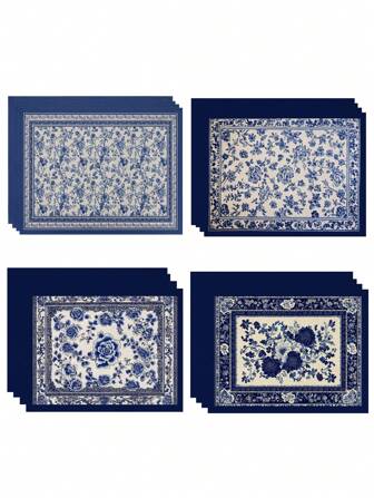 1/4/6 件蓝色花卉树枝餐垫套装，30.48x45.72 厘米，中国风餐桌垫 - 可水洗，耐热亚麻面料，矩形餐垫，适用于室内/室外厨房和餐厅装饰，室内餐厅装饰 | 花卉餐桌布置 | 耐热垫，餐桌餐垫
