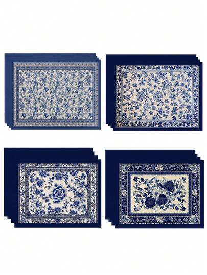 1/4/6 件蓝色花卉树枝餐垫套装，30.48x45.72 厘米，中国风餐桌垫 - 可水洗，耐热亚麻面料，矩形餐垫，适用于室内/室外厨房和餐厅装饰，室内餐厅装饰 | 花卉餐桌布置 | 耐热垫，餐桌餐垫
