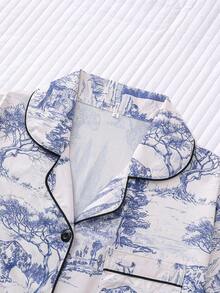 2pcs Women Cheetah Scenery Printed Pajama Set, Short Sleeve Shirt With Collar & Button, Loose Elastic Waist Shorts, Sleepwear For Party, Fashionable & Comfortable For Leisure, Home, Two Pieces Set - Dusty Blue - View 3