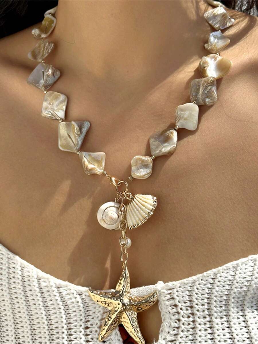 1 件波西米亚海滨海滩度假不对称宝石海星贝壳吊坠项链女士款