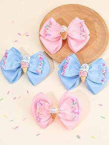 2 件幼儿女童蝴蝶结发夹，迷你粉红玫瑰花和人造珍珠装饰发饰蝴蝶结，双层丝带发夹，鳄鱼夹，儿童青少年发饰，适合日常生活、节日（黄色/蓝色/粉色） - 彩色 - 查看 2