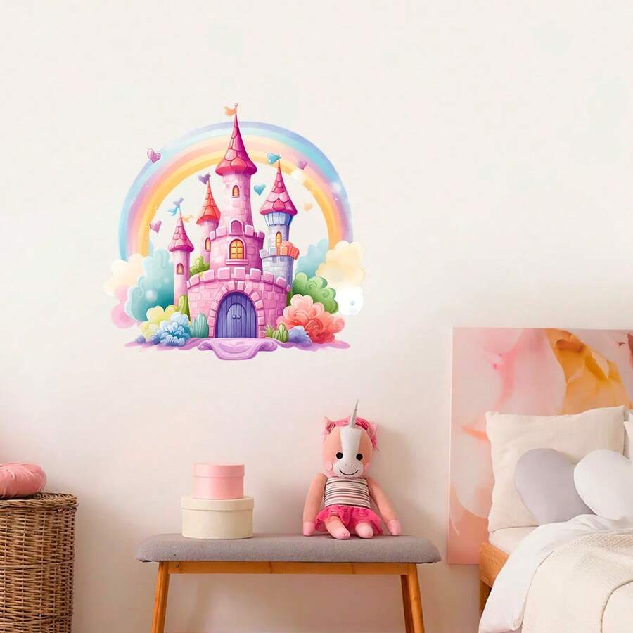 1/2 件卡通城堡彩虹独角兽公主房间装饰墙贴，可移除自粘 PVC 儿童房装饰贴纸，适用于教室装饰、家居装饰、房间装饰和配饰