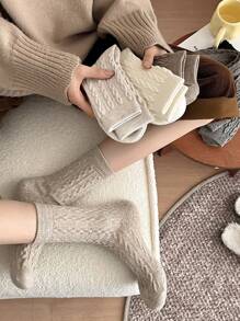 1 Pair/7 Pairs Pack Women's Crew Socks, Multicolor Cashmere Blend Cable Knit Design, Soft & Comfortable, Odor-Resistant, Sweat-Absorbent, Retro Style, Regular/Ankle Length, All Season