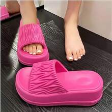 女士厚底拖鞋平底凉鞋，系带防滑厚底休闲户外/室内蓬松流苏拖鞋 - 玫紅色 - 查看 2