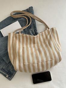 Fashionable Retro Striped Canvas Tote Bag, Large Capacity, Versatile Use, Ideal For Work, School Or Outdoor Activities, Can Be Used As Backpack, Canvas Bag Or Beach Bag - Khaki - View 4