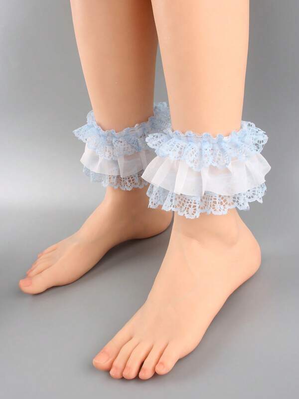 1 Par de Perneiras Elásticas com Renda Floral Azul e Branca para Mulheres, Adequado para Festas, Casamentos, Estilo Lolita Tornozelos