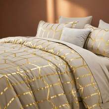 7-Pcs Luxurious Gilded Bed Comforter Sets Queen,100% Microfiber Simple And Fashionable Soft And Comfortable Summer Bedding Set Coverlet Set Suitable For All Four Seasons,  Bedroom And Hotel Room Decor,  Include 1 Comforter,  4 Pillowcases And 1 Flat Sheet,1 Fitted Sheet. - Kaki-B48 - Xem 3