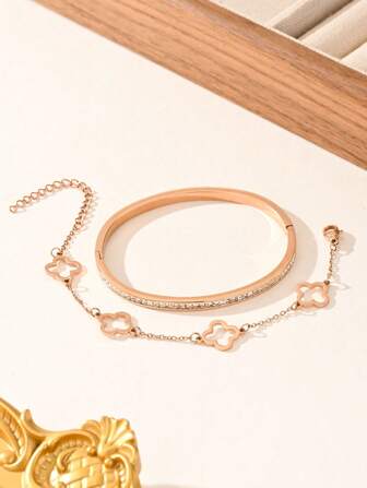 2pcs/1pc 18K Four-Leaf Flower Stainless Steel Bracelet, Elegant & Sparkling Crystal, Suitable For Daily Wear, Casual, Gift For Lover, Bestie, Relative, Friend, Holiday, Summer, Women's Party, Birthday, Wedding, Music Festival, Beach Vacation