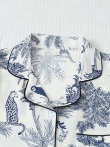 2 件柔软棕榈树和长颈鹿印花翻领纽扣短袖上衣带口袋和蝴蝶结短裤睡衣套装，女士家居服，春夏季 - 白色 - 查看 3