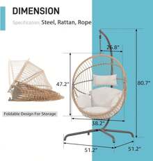 Silla colgante tipo huevo para interiores y exteriores con soporte, silla colgante tejida con cuerda con forma de capullo sobredimensionada, cojín, correa de seguridad, silla de hamaca plegable de mimbre para terraza, jardín, dormitorio (Blanco crema)