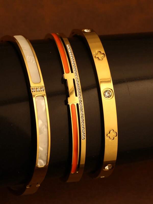 Brazalete de uñas con trébol de cuatro hojas chapado en oro de 18K de acero inoxidable, adecuado para fiestas, uso diario, estilo europeo y americano, personalizado, generoso, pulsera de circonita cúbica de lujo, conjunto de joyería de boda, regalo para niñas, mujeres, familiares, amigos, boda hermosa, cumpleaños, San Valentín, mamá, madre, Día de la Madre