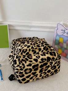 Leopard Print Backpack, Kawaii Style, Simplistic Design, Large Capacity, Lightweight, Suitable For College Students, High School Students, Women - Brown - View 9