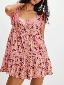 Women Puff Sleeve Short Babydoll Dress Square Neck Flowy Mini Dress Floral Ruffle A Line Summer Sundress - Hot Pink - View 1