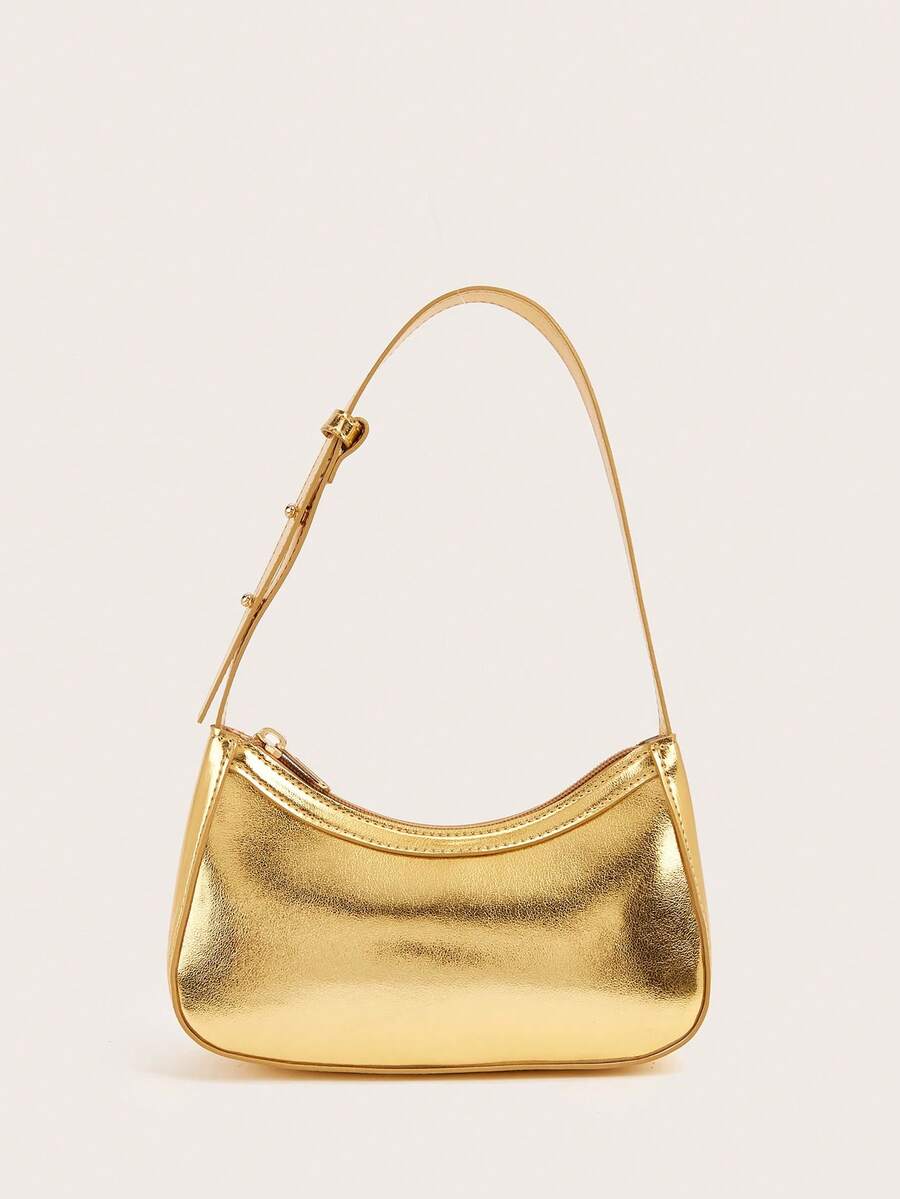 1pc Mirrored Silver Color Handbag, Shiny Leather Reflective Clutch For Girls - Gold - View 1